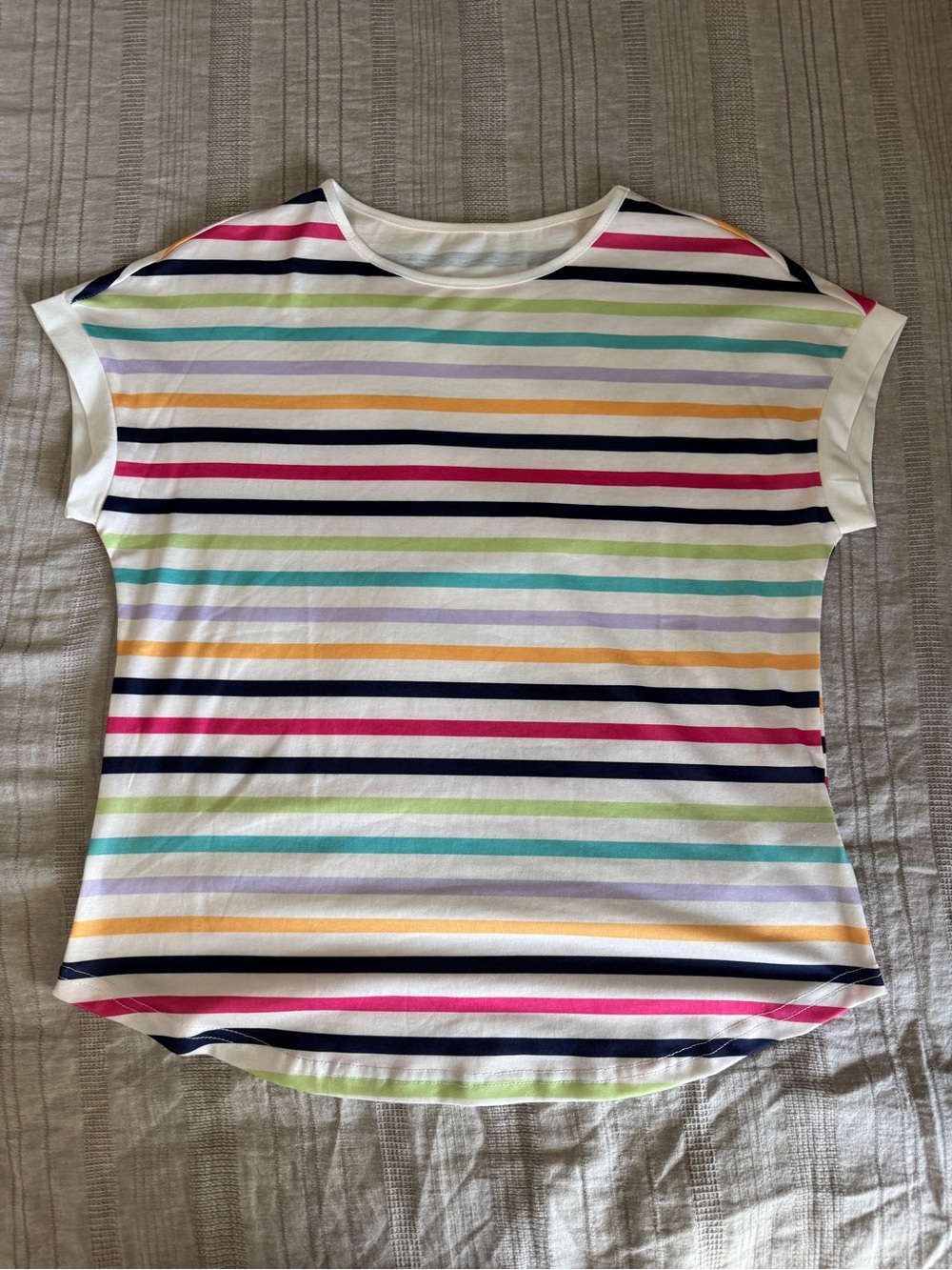 SHEIN White Short Sleeve Tee with Multi-Color Stripes